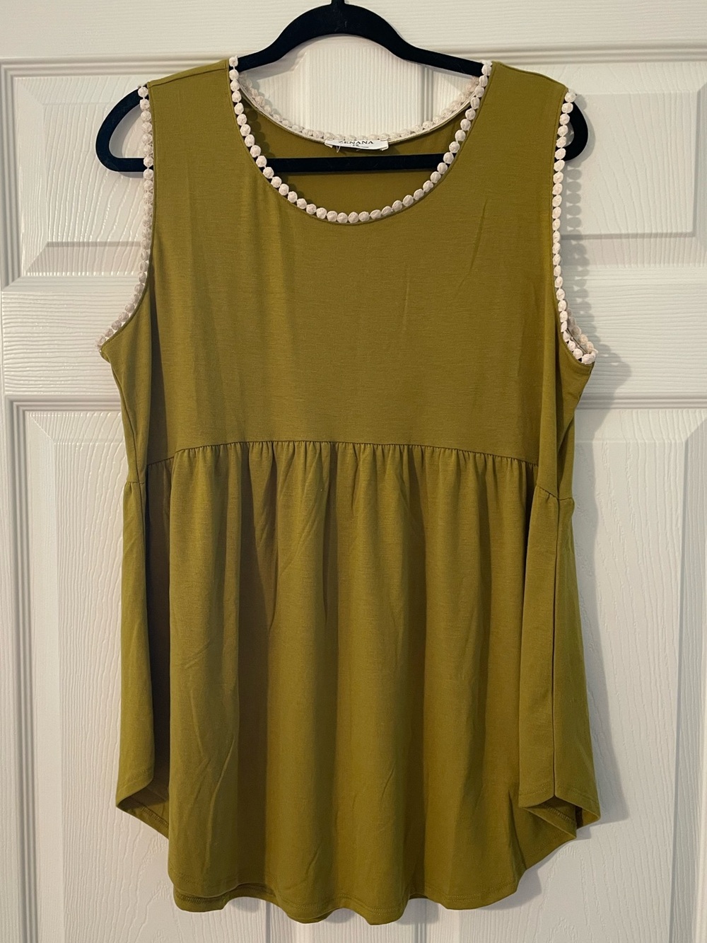 Zenana Outfitters Olive Sleeveless Babydoll Tank with White Trim